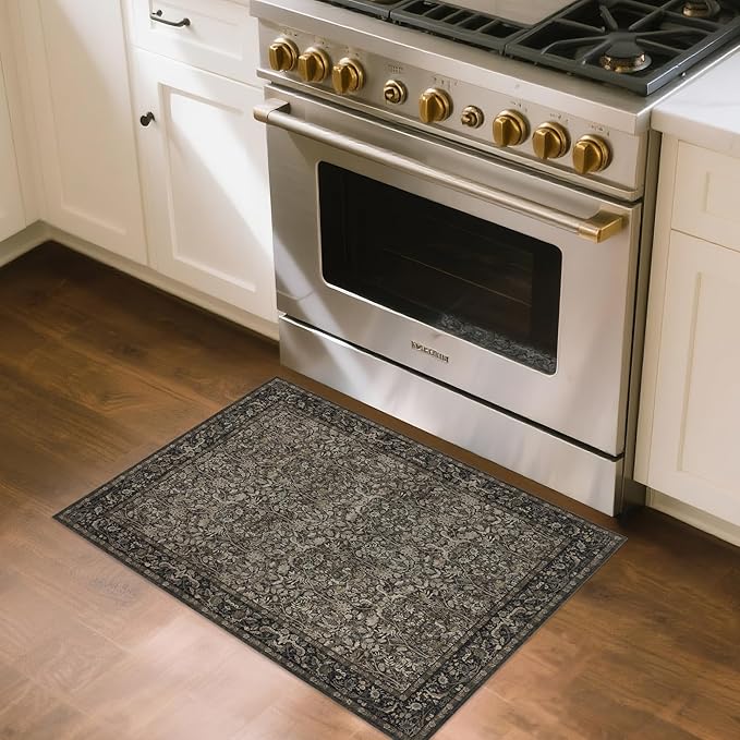 Small Rug 2x3 for Entryway: Boho Floral Door Mat Indoor Entrance Washable - Non-Slip Low Pile Thin Carpet Rugs for Kitchen Bathroom Front Door Laundry - Dark Brown