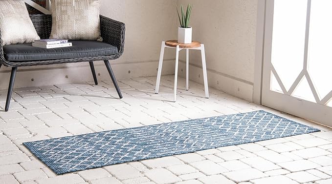 Unique Loom Outdoor Trellis Collection Area Rug - Tribal Trellis (2' x 10' Runner, Blue/ Ivory)