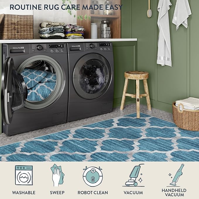 Lahome Moroccan Washable Rugs 3x5,Non-Slip 3x5 Entryway Blue Rug for Bedroom Accent Indoor Distressed Rugs Throw Carpet for Living Room Laundry Room Decor (3’ X 5’, Blue)