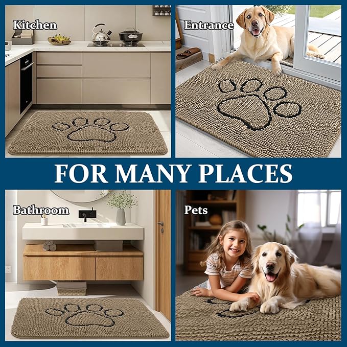 OLANLY Dog Door Mat for Muddy Paws 47x32, Paw Print Design, Absorbs Moisture and Dirt, Absorbent Non-Slip Washable Doormat, Quick Dry Chenille Mud Mat for Dogs, Entry Indoor Entryway Carpet, Tan