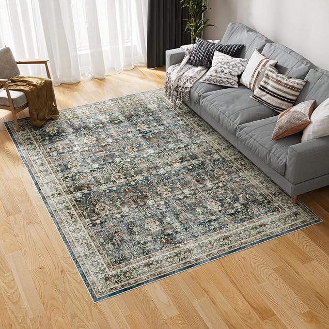 Dripex 9x12 Area Rugs - Stain Resistant Washable Rug DistressedRugs for Living Room Dining Room Bedroom Anti-Slip Low-Pile and Soft Accent Rug Farmhouse Office Home Decor, Pet & Child Friendly
