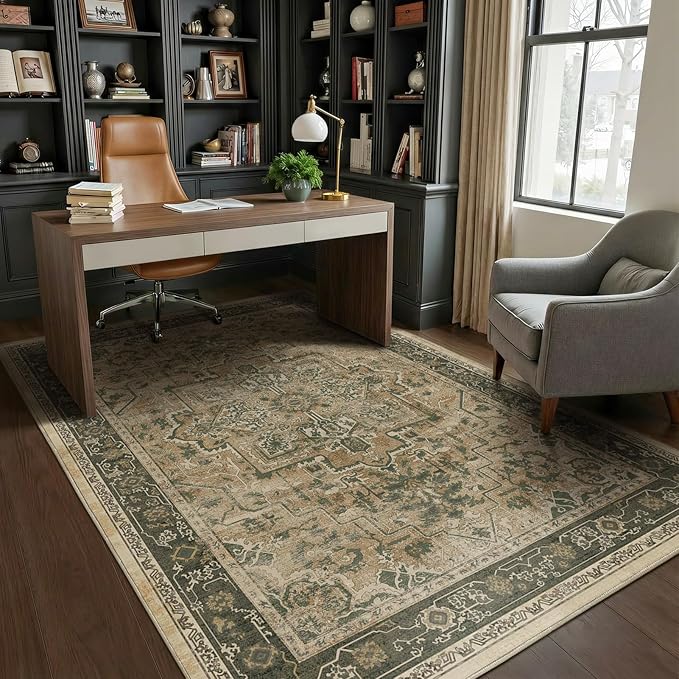 Vintage Distressed 5x8 Area Rugs for Living Room Bedroom, Low Pile Machine Washable Non Slip Dining Room Carpet Rugs for Under Table/Home Office/Kitchen, Printed Multi Brown/Slate Green