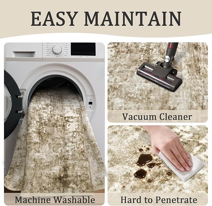 3x5 Machine Washable Area Rug for Entryway, Brown Modern Vintage Abstract Rug Non-Slip Low Pile Soft Faux Wool Small Carpet, Kids and Pets Friendly for Bedroom Kitchen Hallway Home Decor Rug