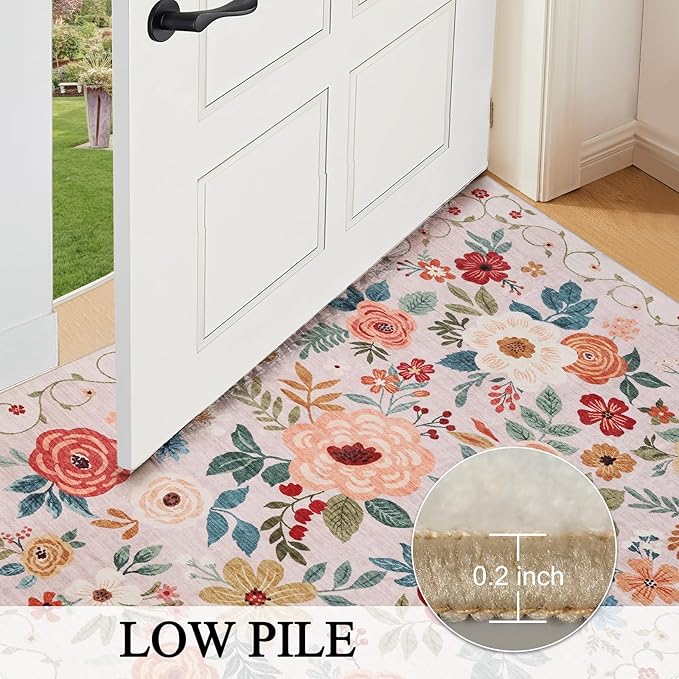 DUKINO Runner Rug, 2.6x8 Kitchen Runner Rug for Hallway with Non Slip Backing, Washable Low Pile Soft Boho Floral Carpet for Hallway, Kitchen, Entryway, Laundry, Bedroom, Beige