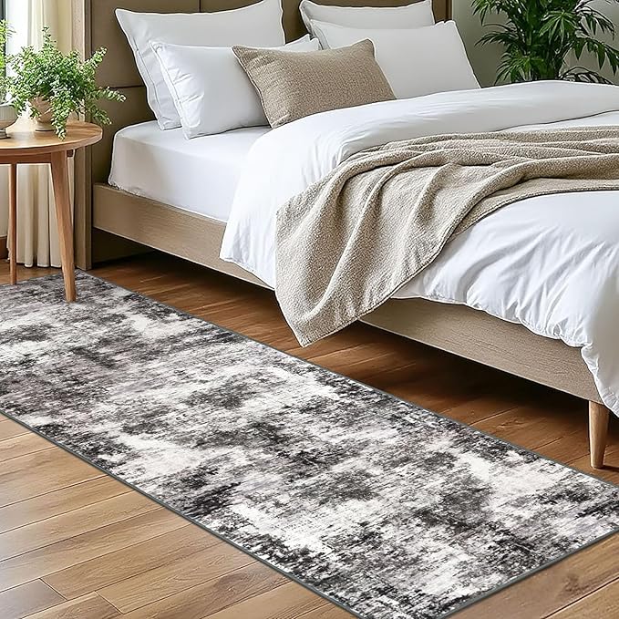 Modern Abstract Runner Rug for Bedroom 2x7, Black Grey Washable Kitchen Runner, Non-Slip Soft Thin Faux Wool Mat for Entryway, Hallway, Laundry Room Indoor
