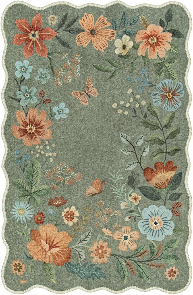 Lahome Floral Washable Rugs, 4X6 Rug for Bedroom Ultra-Thin Soft Dining Room Rug, Non-Slip Living Room Rugs Stain Resistant Boho Rug Lightweight Low-Pile Throw Rug for ‎Office (4x6ft,Green)