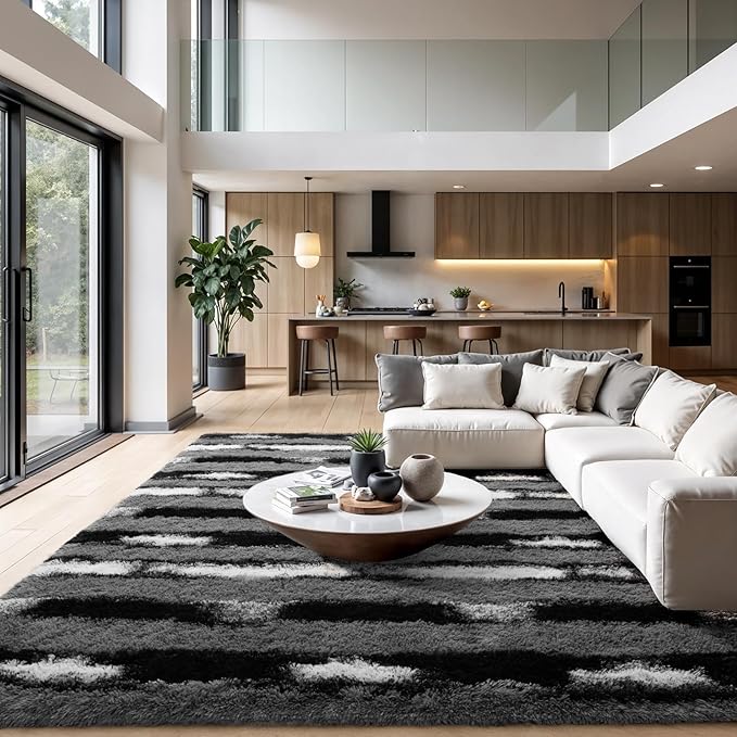 Zentavio Area Rugs for Living Room Large Rugs for Bedroom 6x9 Carpet Fluffy Fuzzy Soft Shag Aesthetic Plush High Pile Throw Rug for Nursery Kids Room Dorm Vertical Stripes Black White