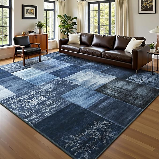 DweIke Washable Area Rugs for Living Room, 6x9 Large Bedroom Rugs, Geometric Print Non Slip Low Pile Indoor Throw Carpets for Bedroom Apartment Dining Room Home Office Hardwood Floor, Navy Blue