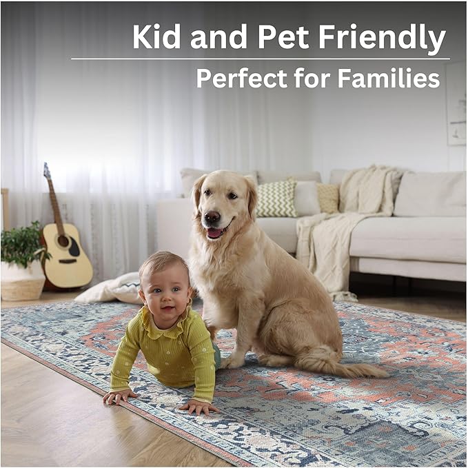 Bloom Rugs Washable Non-Slip 5' x 7' Rug - Coral/Blue Traditional Medallion Area Rug for Living Room, Bedroom, Dining Room, and Kitchen - Exact Size: 5' x 7'