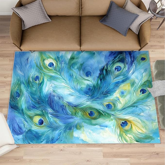 Peacock Feather Rug 3x5-3x5 Rug, Teal Turquoise Area Rugs for Bedroom, Malachite Green Feather Rugs for Living Room, Peafowl Washable Mat, Peacock Feather Carpet - Peafowl Home Decor & Gifts