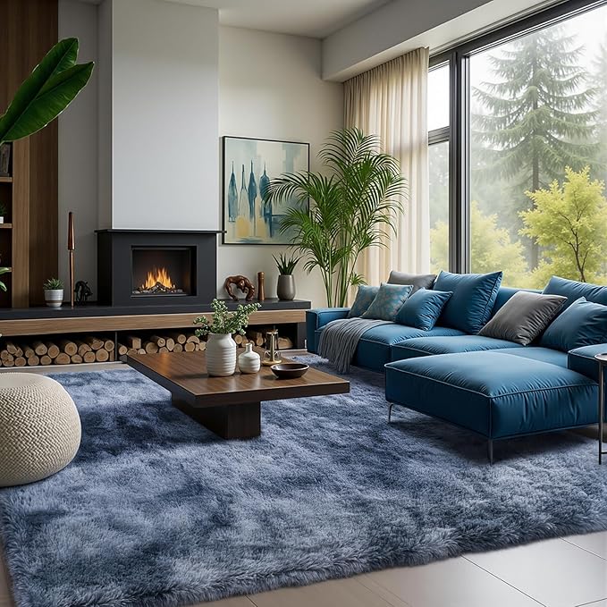 Zentavio Area Rugs for Living Room Large Rugs for Bedroom 8x10 Carpet Fluffy Fuzzy Soft Shag Aesthetic Plush High Pile Gray Throw Rug for Nursery Kids Room Dorm Tie-Dyed Blue Grey