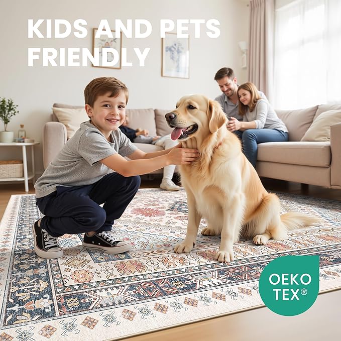 zesthome 7x9 Area Rugs for Living Room,Non-Slip Backing Washable Rugs,Vintage Large Area Rug，Stain Resistant Home Decor Rug (Multi,7'x9')