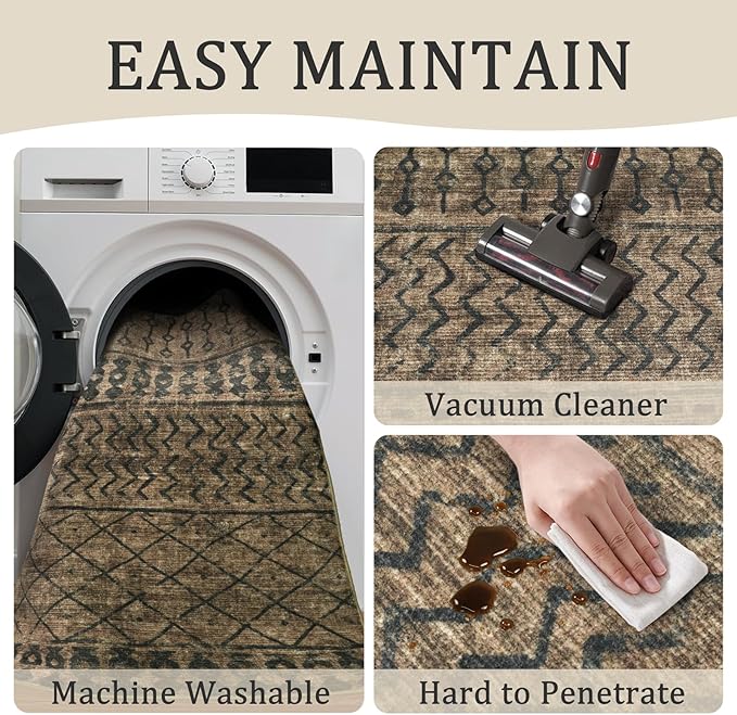 2x6 Machine Washable Runner Rug, Kitchen Hallway Area Rug, Brown Black Vintage Moroccan Rug Ultra Non-Slip Low Pile Soft Faux Wool Carpet, Kids and Pets Friendly for Bedroom Entryway Bedside Decor Rug
