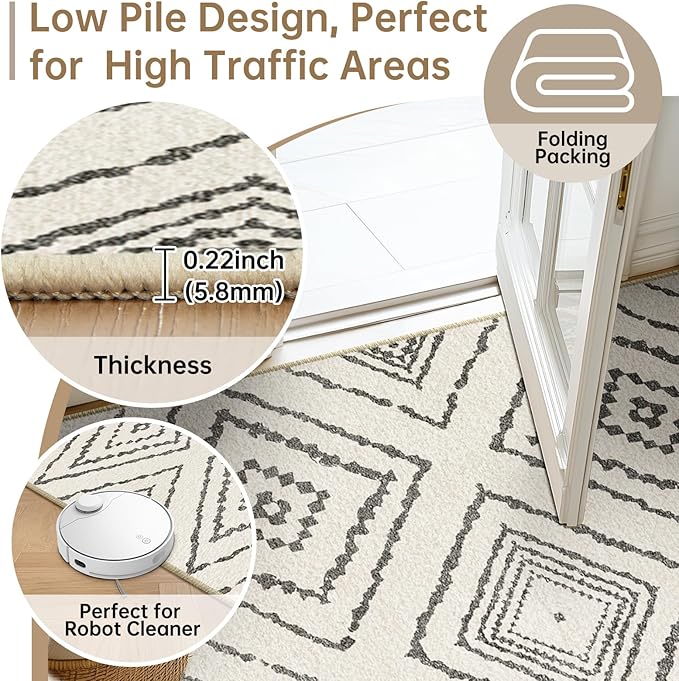 Area Rug 2x8 Rug Machine Washable Non-Slip Low Pile Print Pattern Western Rug for Living Room Bedroom Entryway Tribal Series -Navywhite/Black