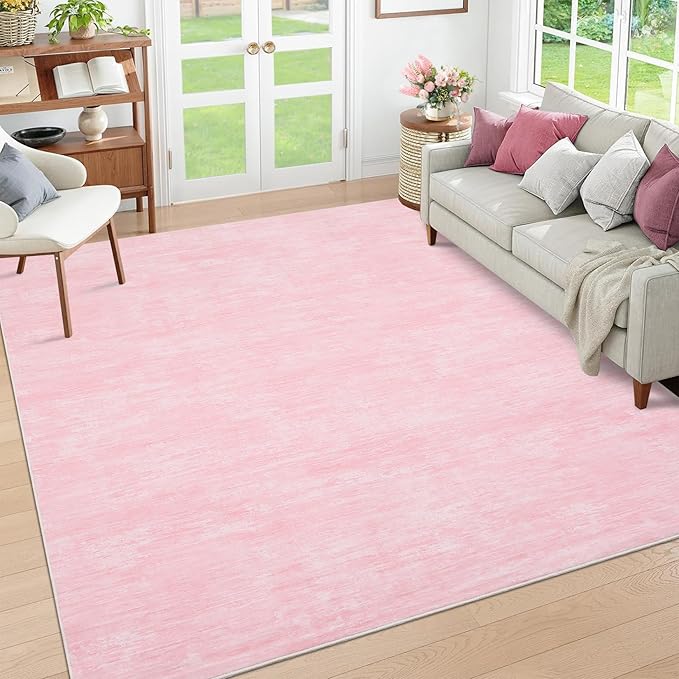RUGSREAL Bedroom Area Rug 4x6 Modern Abstract Area Rug Stain Resistant Small Living Room Rug Contemporary Dining Room Rug Non-Slip Solid Rug Aesthetic Accent Floor Carpet for Kitchen Office, Pink