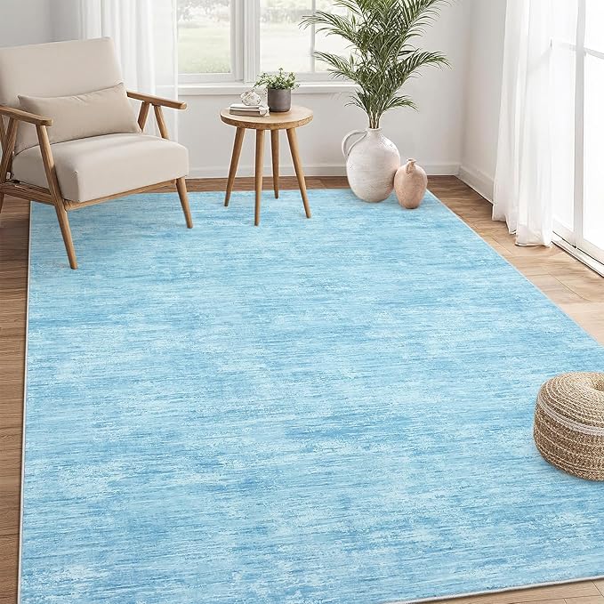 Area Rug 5x7 Machine Washable Area Rug for Living Room Non-Slip Stain Resistant Modern Abstract Bedroom Rug Contemporary Solid Throw Rug Foldable Accent Floor Carpet for Dining Room, Blue