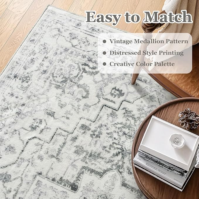 Large Farmhouse Area Rugs 9x12 for Living Room, Distressed Medallion Printed Big Carpet Rugs for Bedroom Under Bed, Washable Non Slip Low Pile Thin Rugs for Dining Room, Off White/Grey