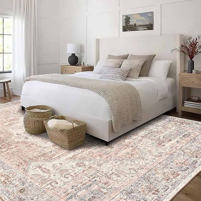 ReaLife Rugs Machine Washable Area Rug Runner - Living Room Bedroom Bathroom Kitchen Entryway - Padded Low Pile Stain Resistant Premium - Boho Farmhouse Vintage - Lyle - Gray Ivory Blush 3' x 5'