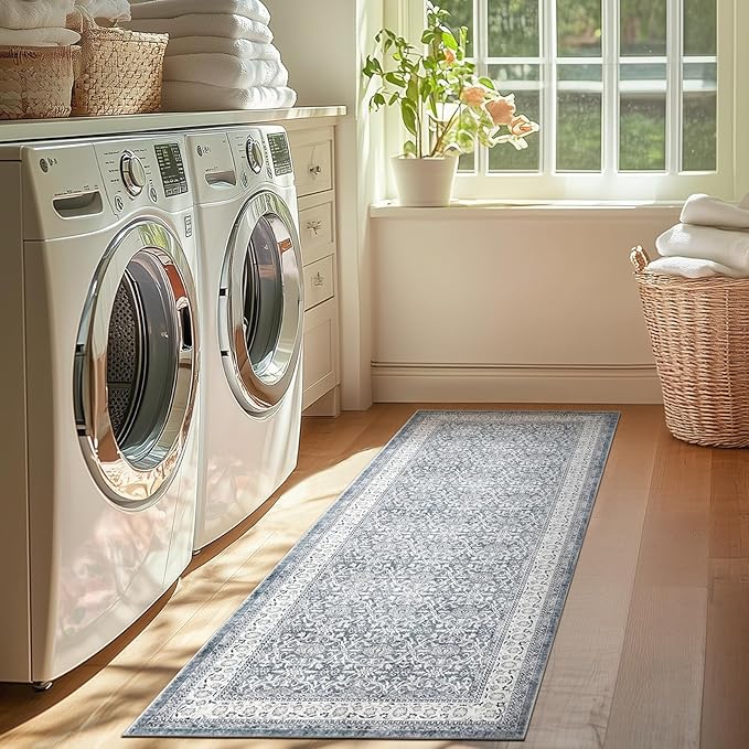 jinchan Runner Rug 2x6 - Machine Washable Grey Vintage Floral Distressed Design Soft Non-Slip Low-Pile Ultra-Thin Runner Rug for Kitchen Hallway Laundry Room Entryway Farmhouse (2‘x6', Grey)