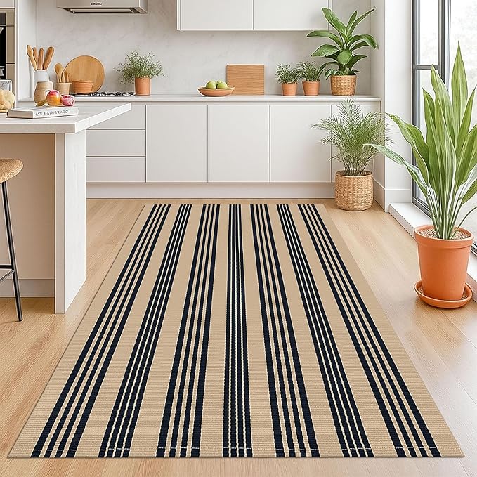KOZYFLY Striped Front Door Mat 4x6 Ft Brown and Black Front Door Rug Cotton Washable Indoor Outdoor Rug Large Doormats Outdoor Striped Area Rugs for Kitchen Entryway Front Porch