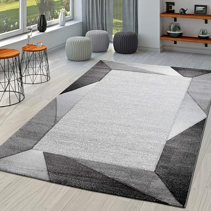 Paco Home Modern Area Rug Bordered with Geometric Pattern Grey Anthracite with Contour Cut, Size: 2'8" x 9'10"