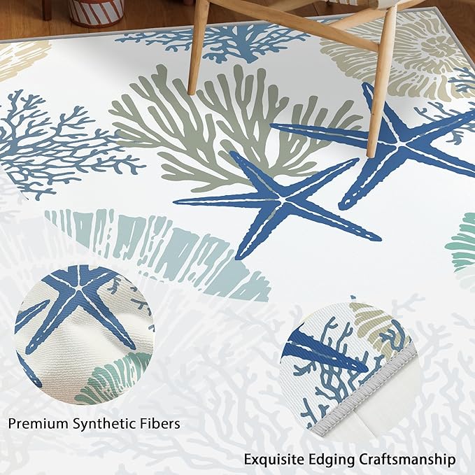 Tritard Coastal Area Rug 3x5 - Small Machine Washable Foldable Throw Rugs Non-Slip Beach Ocean Entryway Indoor Entrance Carpet for Kitchen Bathroom Laundry Bedroom Living Room, Blue