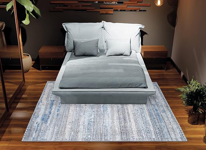 Bloom Rugs Washable Non-Slip 6' x 9' Rug - Gray/Blue/Blush Modern Abstract Area Rug for Living Room, Bedroom, Dining Room, and Kitchen - Exact Size: 6' x 9'