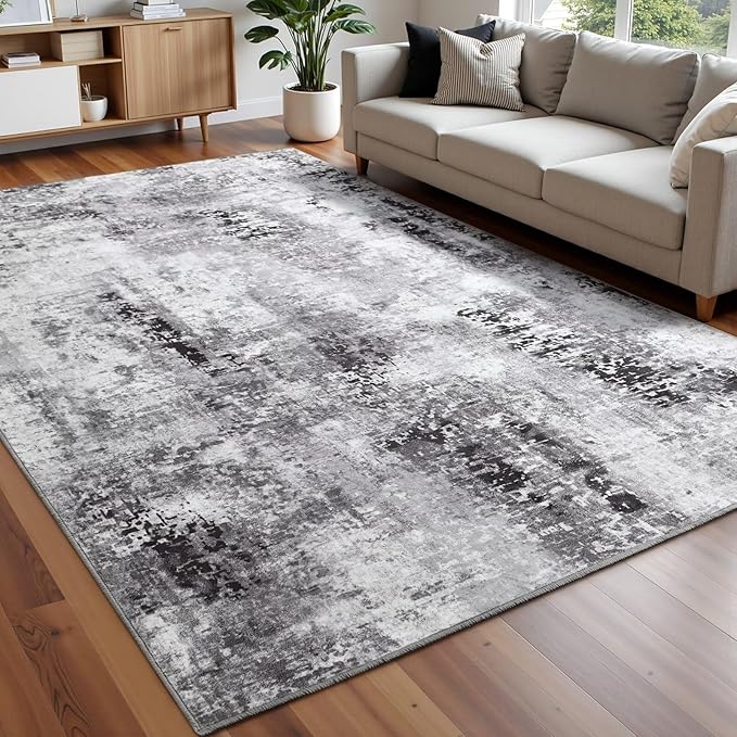 Washable Abstract Rug, 4x6 Modern Area Rugs with Non-Slip Rubber Backed for Living Room, Thin but Soft Contemporary Carpet Kitchen Bedroom Decor, Dark Grey