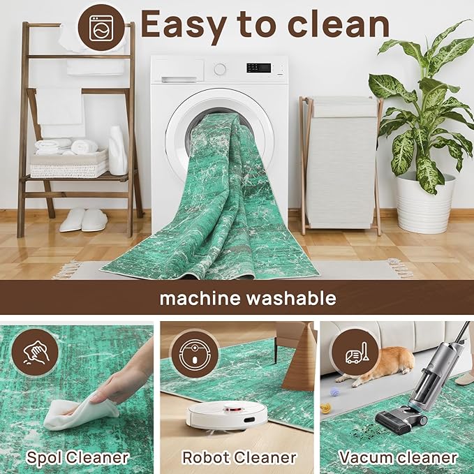 Abstract Green 5x7 Area Rug, Modern Teal Throw Rugs for Living Room, Washable Soft Large Non-Slip Accent Carpet Floor Mat for Dining Room Office Bedroom - Turquoise