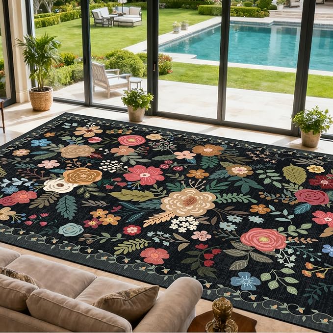 Area Rug for Living Room, 10x12 Large Washable Rugs for Dining Room, Bedroom, Non Slip Stain Resistant Carpet, Low Pile Vintage Floral Rug (Black)
