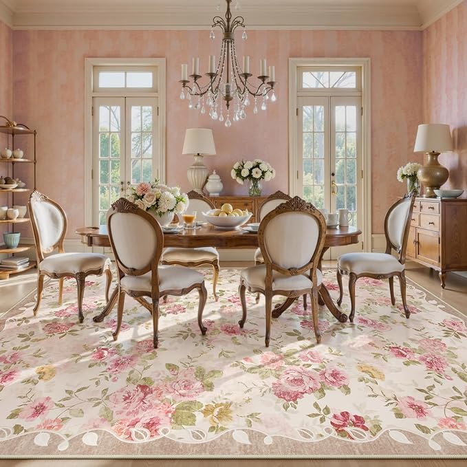 Lahome Floral Washable Rugs 9x12, Large Area Rugs 9x12 Living Room,Soft Non-Slip Thin Vintage Boho Bedroom Carpet for Dining Room Playroom Nursery Farmhouse, Beige/Pink/Multi