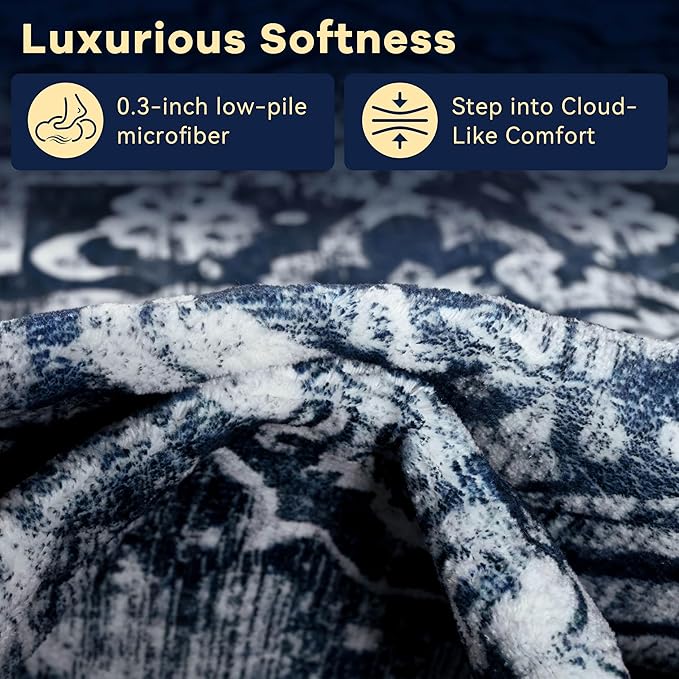 YJ.GWL Area Rugs for Living Room 4x6 Machine Washable Rugs for Bedroom, Non Slip Floral Vintage Rug Indoor Carpet, Stain Resistant Throw Rug for Dining Room Kitchen, Navy Blue
