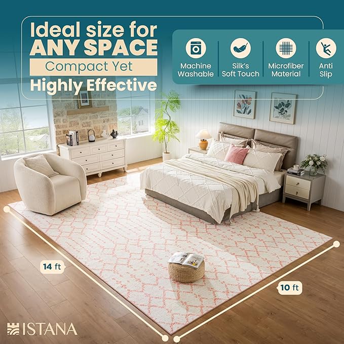 Istana Living Room Rug 10x14 - Pink 10 x 14 Area Rug - Foldable Machine Washable Area Rugs 10x14 - Stylish 10x14 Area Rugs Boho - Stain Resistant Washable Rug 10x14