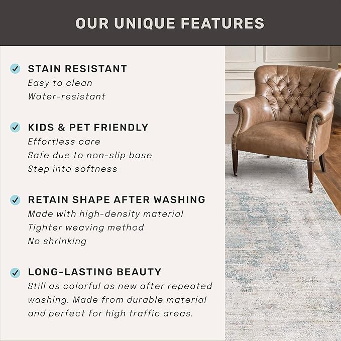 Farmhouse Dining Room Rugs for Under Table - 8x10 Washable Light Blue Area Rug for Living Room, Bedroom, Waterproof & Stain Resistance