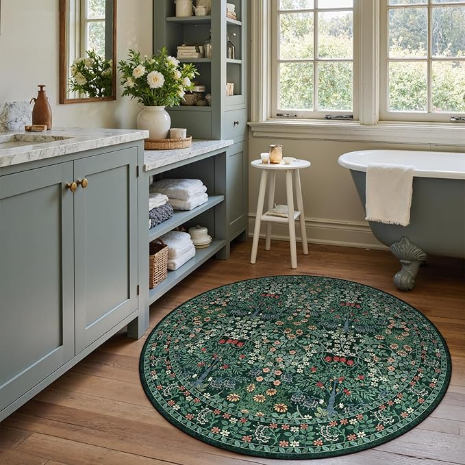 6' Round Area Rug - Floral Vintage Forest Washable Low Pile Non-Slip Carpet for Living Room, Bedroom, Dining Room, Office (Dark Green)