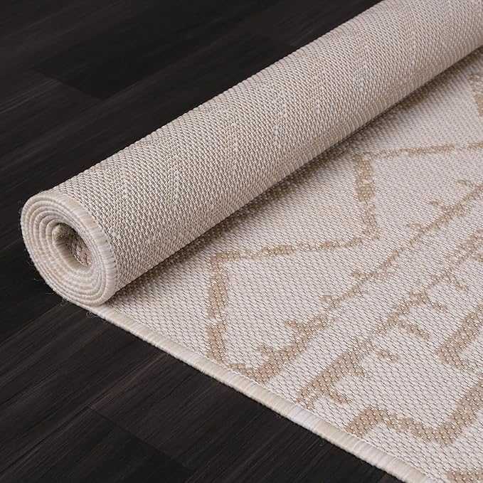Beverly Rug Waikiki Indoor Outdoor Rug 5x7, Washable Outside Carpet for Patio, Deck, Porch, Trellis Area Rug, Water Resistant, Beige - White