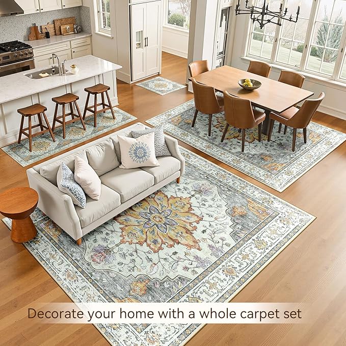 Area Rugs 10'x14' Washable Non-Slip, Floral Vintage Distress Print Pattern Medallion Carpet for Living Room Bedroom Dining Room, Light Yellow Carbon Grey Orange