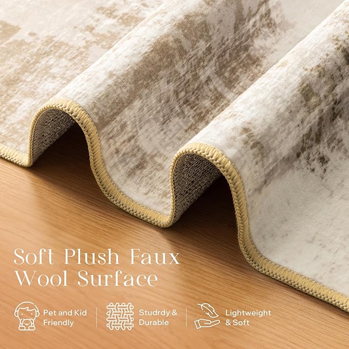Phantoscope Washable Area Rug 5'x7' Non-Slip, Modern Neutral Boho Rugs for Living Room, Bedroom, Dining Room, Distressed Geometric Dune Pattern, Low-Pile Foldable Floor Carpet, Linen Beige/Taupe
