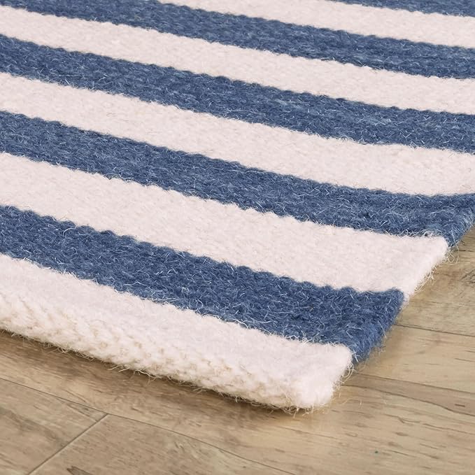 Home Conservatory Ladder Stripe Navy/Ivory Handwoven Wool 2.5 X 8 Feet, Blue/Ivory Stripe Pattern