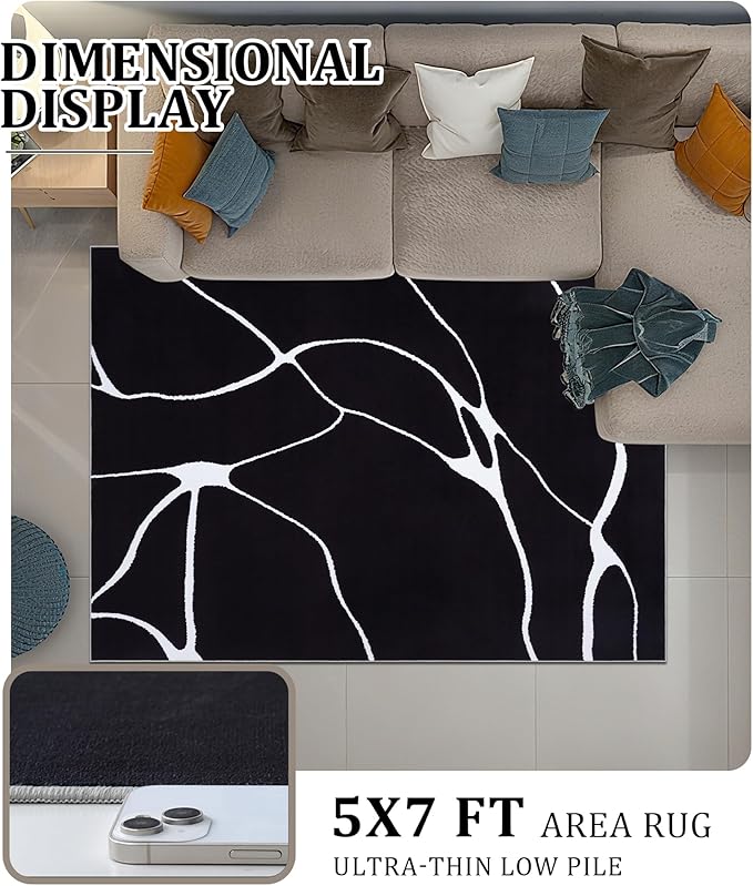YIHOUSE Modern Washable Area Rug for Living Room Bedroom - Large Abstract Black and White Rug Non-Slip Ultra-Thin Home Decor (Dark Warping, 5'x7'ft)