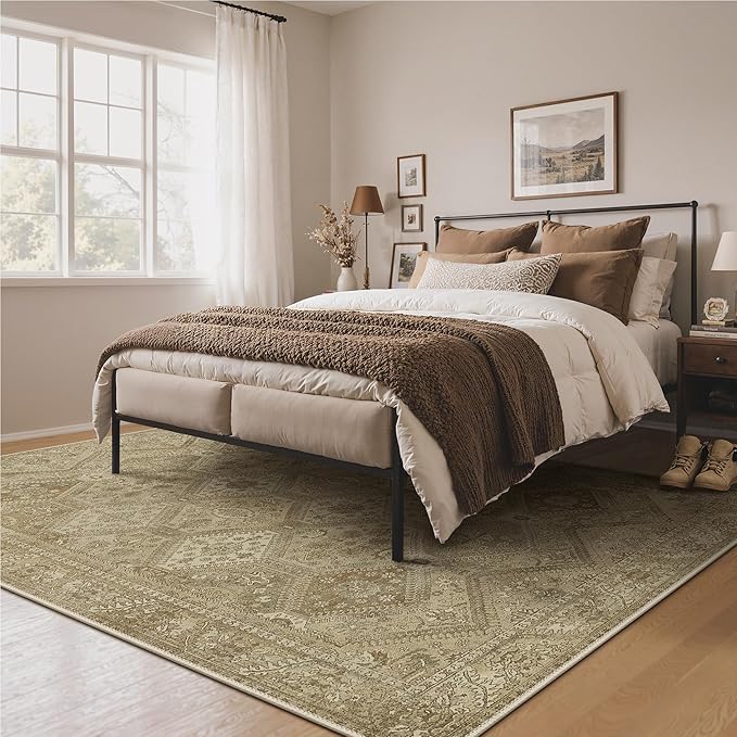 Bavni 6x9 Area Rugs for Living Room, Machine Washable Rug Non Slip, Vintage Chenille Distressed Print Carpet, Large Low Pile Ultra-Thin Lightweight Rugs for Bedroom, Dining Room, Office, Nut Brown