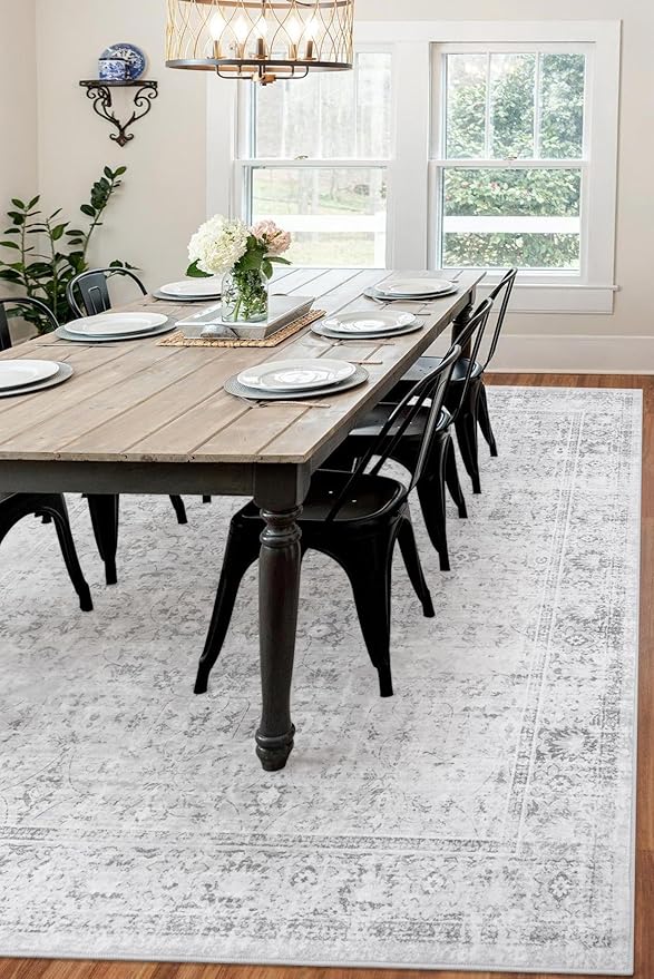 LIVEBOX Traditional Rug 9x12 - Large Gray Vintage Rug for Living Room, Washable Soft Floral Carpet Anti-Skid Thin Neutral Rugs for Office Bedroom Dining Room, Silverygray