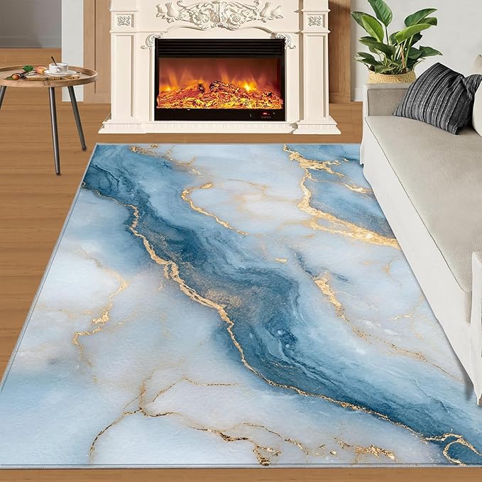 6x9 Abstract Marble Living Room Rug - Blue-White-Marble Bedroom Carpet, Luxury Stone Pattern Classroom Rug for Carpet Boy Bedroom Office Nursery Hardwood Home Decor