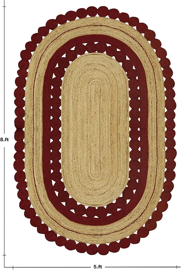 12x15 Jute Oval Rug – Hand Braided Kilim Style Rug, 0.27" Thick Flatweave, Solid Red Beige Natural Jute, Handmade Boho Oval Carpet for Bedroom, Living Room, Dining