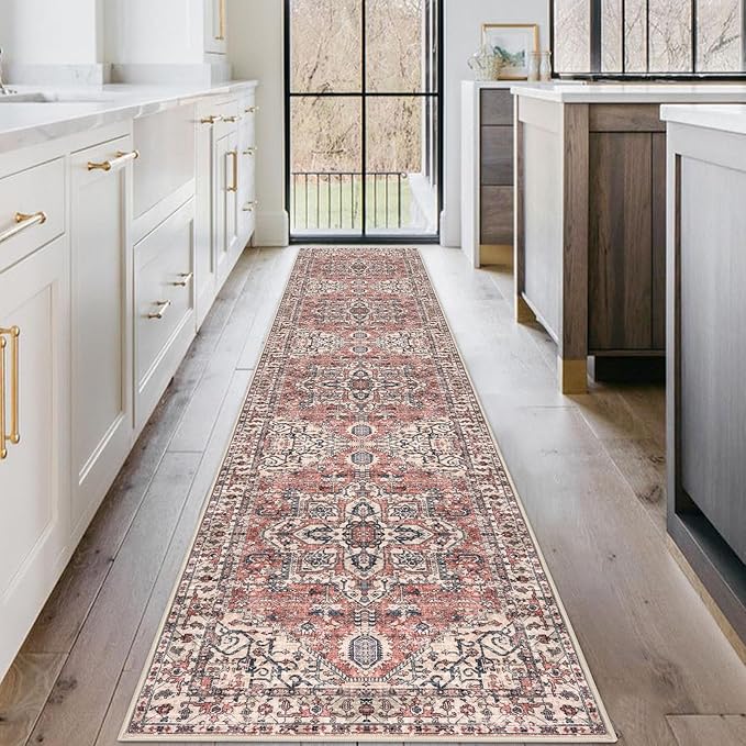 KOZYFLY Long Runners for Hallways 2x10 Ft Washable Kitchen Runner Rug Boho Style Entryway Rug Indoor Printed Faux Wool Stair Runner Carpet for Stairs Bedroom Kitchen Hall, Terracotta/Beige