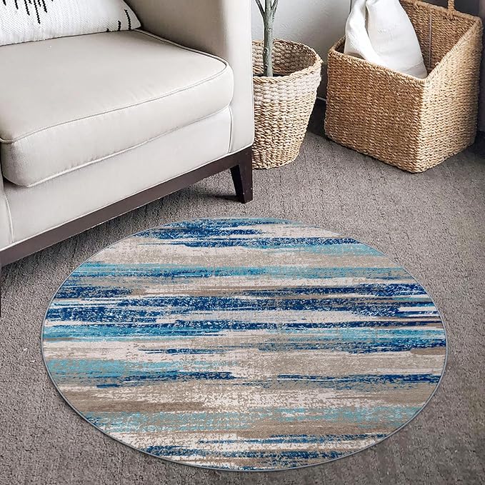Modern Abstract Round Rug 3Ft, Blue Round Rug Washable Non-Slip Soft Small Circle Rug, Circular Entryway Rugs Thin Print Faux Wool Carpet Accent Rug for Bedroom Living Room Office Under Desk
