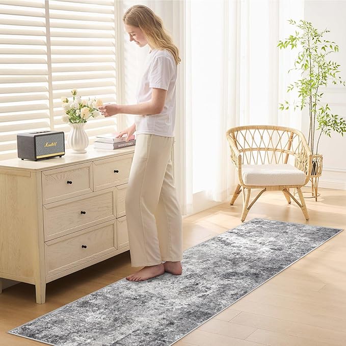 2X6 Washable Runner Rug for Hallway: Soft Neutral Modern Abstract Area Rug - Non-Slip Low Pile Long Throw Indoor Carpet for Kitchen Entryway Kitchen Bedroom Laundry Bathroom - Grey