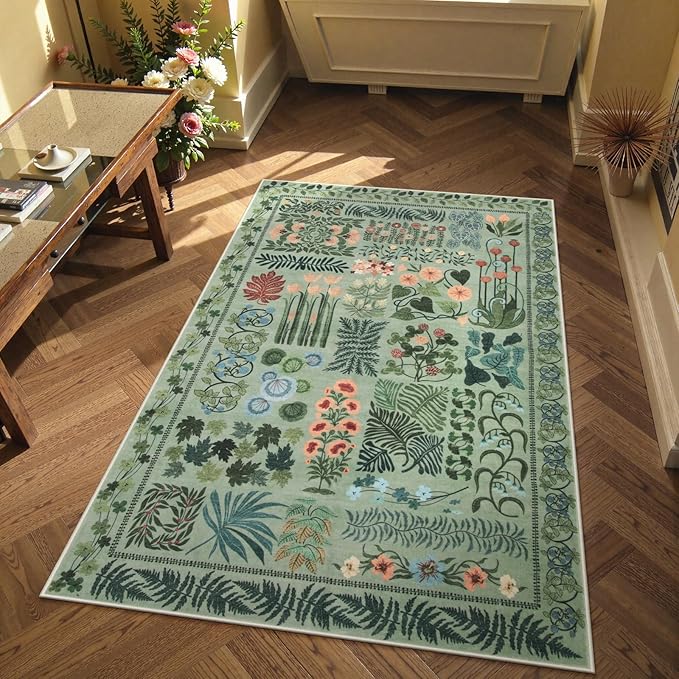 Floral Boho 3x5 Sage Green Bathroom Rugs, Washable Botanical Area Rugs for Entryway Bedroom, Non Slip Kitchen Floor Mat Indoor Throw Carpet for Laundry Living Room (Green,3 x 5)