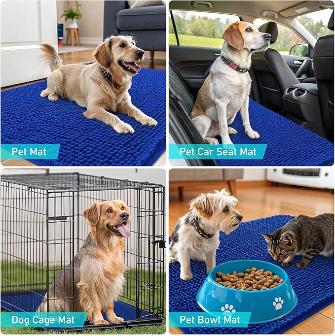 OLANLY Dog Door Mat for Muddy Paws 40x32, Absorbs Moisture and Dirt, Absorbent Non-Slip Washable Doormat, Quick Dry Chenille Mud Mat for Dogs, Entry Indoor Entryway Carpet for Inside Floor, Royal Blue