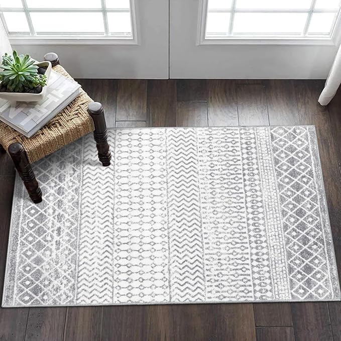 Moroccan Washable Rugs, 2x3 Grey Rug Non-Slip Small Distressed Entryway Rugs, Soft Low-Pile Bedroom Rug Indoor Doormat Carpet for Entryway Kitchen Bathroom
